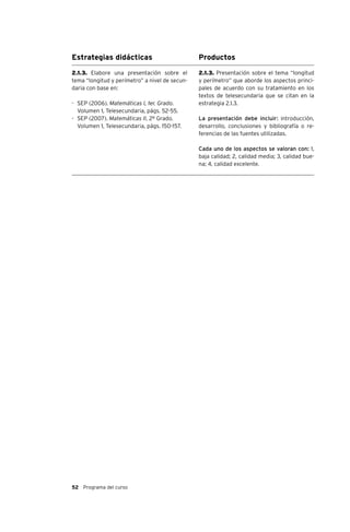 52 Programa del curso
Estrategias didácticas Productos
2.1.3. Elabore una presentación sobre el
tema “longitud y perímetro” a nivel de secun-
daria con base en:
-	 SEP (2006). Matemáticas I, 1er. Grado.
Volumen 1, Telesecundaria, págs. 52-55.
-	 SEP (2007). Matemáticas II, 2º Grado.
Volumen 1, Telesecundaria, págs. 150-157.
2.1.3. Presentación sobre el tema “longitud
y perímetro” que aborde los aspectos princi-
pales de acuerdo con su tratamiento en los
textos de telesecundaria que se citan en la
estrategia 2.1.3.
La presentación debe incluir: introducción,
desarrollo, conclusiones y bibliografía o re-
ferencias de las fuentes utilizadas.
Cada uno de los aspectos se valoran con: 1,
baja calidad; 2, calidad media; 3, calidad bue-
na; 4, calidad excelente.
 