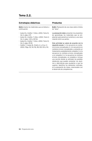 54 Programa del curso
Tema 2.2.
Estrategias didácticas
2.2.1. Analice los materiales que se indican a
continuación:
-	 Isoda, M. y Cedillo, T. (Eds.). (2012). Tomo IV,
Vol. 2, págs. 4-17.
-	 Isoda, M. y Cedillo, T. (Eds.). (2012). Tomo V,
Vol. 2, págs. 3-20 y 40-54.
-	 Isoda, M. y Cedillo, T. (Eds.). (2012). Tomo VI,
Vol. 2, págs. 29-30.
-	 Cedillo, T., Isoda, M., Chalini, A. y Cruz, V.
(2012). Págs. 92, 94, 96, 98, 100, 103 y 114.
Productos
2.2.1. Planeación de una clase sobre el tema
de “área”.
La planeación debe: presentar los propósitos
de aprendizaje, los materiales que se em-
plearían para ponerla en práctica y una clara
relación entre sus partes.
Esta actividad se valora de acuerdo con la
siguiente escala: 1, si la secuencia no contie-
ne errores conceptuales; 2, si la secuencia no
contiene errores conceptuales y presenta un
tratamiento aceptablemente completo; 3, si la
secuencia no contiene errores conceptuales
y es completa; 4, si la secuencia no contiene
errores conceptuales, es completa e incluye
una sección donde se anticipen los posibles
obstáculos que pueden presentar los alum-
nos y alternativas para ayudarlos a que los
superen. Identifica los elementos centrales,
en la planeación de clases, relacionados con
el desarrollo de competencias.
 
