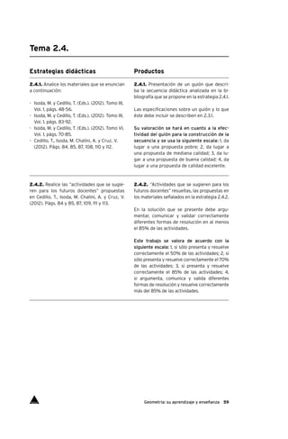 59Geometría: su aprendizaje y enseñanza
Tema 2.4.
Estrategias didácticas
2.4.1. Analice los materiales que se enuncian
a continuación:
-	 Isoda, M. y Cedillo, T. (Eds.). (2012). Tomo III,
Vol. 1, págs. 48-56.
-	 Isoda, M. y Cedillo, T. (Eds.). (2012). Tomo III,
Vol. 1, págs. 83-92.
-	 Isoda, M. y Cedillo, T. (Eds.). (2012). Tomo VI,
Vol. 1, págs. 70-85.
-	 Cedillo, T., Isoda, M. Chalini, A. y Cruz, V.
(2012). Págs. 84, 85, 87, 108, 110 y 112.
2.4.2. Realice las “actividades que se sugie-
ren para los futuros docentes” propuestas
en Cedillo, T., Isoda, M. Chalini, A. y Cruz, V.
(2012). Págs. 84 y 85, 87, 109, 111 y 113.
Productos
2.4.1. Presentación de un guión que descri-
ba la secuencia didáctica analizada en la bi-
bliografía que se propone en la estrategia 2.4.1.
Las especificaciones sobre un guión y lo que
éste debe incluir se describen en 2.3.1.
Su valoración se hará en cuanto a la efec-
tividad del guión para la construcción de la
secuencia y se usa la siguiente escala: 1, da
lugar a una propuesta pobre; 2, da lugar a
una propuesta de mediana calidad; 3, da lu-
gar a una propuesta de buena calidad; 4, da
lugar a una propuesta de calidad excelente.
2.4.2. “Actividades que se sugieren para los
futuros docentes” resueltas, las propuestas en
los materiales señalados en la estrategia 2.4.2.
En la solución que se presente debe argu-
mentar, comunicar y validar correctamente
diferentes formas de resolución en al menos
el 85% de las actividades.
Este trabajo se valora de acuerdo con la
siguiente escala: 1, si sólo presenta y resuelve
correctamente el 50% de las actividades; 2, si
sólo presenta y resuelve correctamente el 70%
de las actividades; 3, si presenta y resuelve
correctamente el 85% de las actividades; 4,
si argumenta, comunica y valida diferentes
formas de resolución y resuelve correctamente
más del 85% de las actividades.
Índice
 