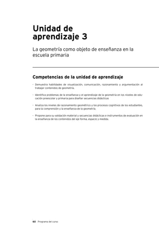 60 Programa del curso
Unidad de
aprendizaje 3
La geometría como objeto de enseñanza en la
escuela primaria
Competencias de la unidad de aprendizaje
-	 Demuestra habilidades de visualización, comunicación, razonamiento y argumentación al
trabajar contenidos de geometría.
-	 Identifica problemas de la enseñanza y el aprendizaje de la geometría en los niveles de edu-
cación preescolar y primaria para diseñar secuencias didácticas
-	 Analiza los niveles de razonamiento geométrico y los procesos cognitivos de los estudiantes,
para la comprensión y la enseñanza de la geometría.
-	 Propone para su validación material y secuencias didácticas e instrumentos de evaluación en
la enseñanza de los contenidos del eje forma, espacio y medida.
 