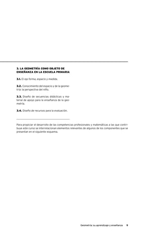 9Geometría: su aprendizaje y enseñanza
3. La geometría como objeto de
enseñanza en la escuela primaria
3.1. El eje forma, espacio y medida.
3.2. Conocimiento del espacio y de la geome-
tría: la perspectiva del niño.
3.3. Diseño de secuencias didácticas y ma-
terial de apoyo para la enseñanza de la geo-
metría.
3.4. Diseño de recursos para la evaluación.
Para propiciar el desarrollo de las competencias profesionales y matemáticas a las que contri-
buye este curso se interrelacionan elementos relevantes de algunos de los componentes que se
presentan en el siguiente esquema.
 