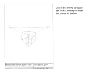Dentro del prisma se trazan
dos formas que representan
dos planos en declive.
 