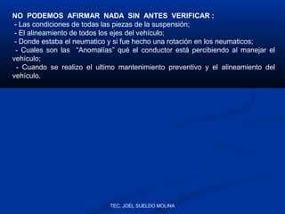 NO PODEMOS AFIRMAR NADA SIN ANTES VERIFICAR :
- Las condiciones de todas las piezas de la suspensión;
- El alineamiento de todos los ejes del vehículo;
- Donde estaba el neumatico y si fue hecho una rotación en los neumaticos;
- Cuales son las “Anomalías” qué el conductor está percibiendo al manejar el
vehículo;
- Cuando se realizo el ultimo mantenimiento preventivo y el alineamiento del
vehículo.

TEC. JOEL SUELDO MOLINA

 