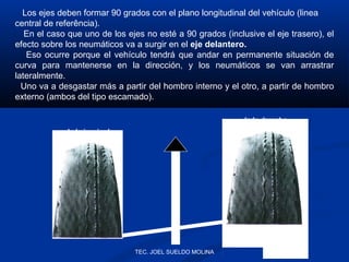 Los ejes deben formar 90 grados con el plano longitudinal del vehículo (linea
central de referência).
En el caso que uno de los ejes no esté a 90 grados (inclusive el eje trasero), el
efecto sobre los neumáticos va a surgir en el eje delantero.
Eso ocurre porque el vehículo tendrá que andar en permanente situación de
curva para mantenerse en la dirección, y los neumáticos se van arrastrar
lateralmente.
Uno va a desgastar más a partir del hombro interno y el otro, a partir de hombro
externo (ambos del tipo escamado).
lado derecho
lado izquierdo

TEC. JOEL SUELDO MOLINA

 