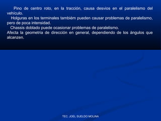 Pino de centro roto, en la tracción, causa desvios en el paralelismo del
vehículo.
Holguras en los terminales tambiém pueden causar problemas de paralelismo,
pero de poca intensidad.
Chassis doblado puede ocasionar problemas de paralelismo.
Afecta la geometria de dirección en general, dependiendo de los ángulos que
alcanzen.

TEC. JOEL SUELDO MOLINA

 