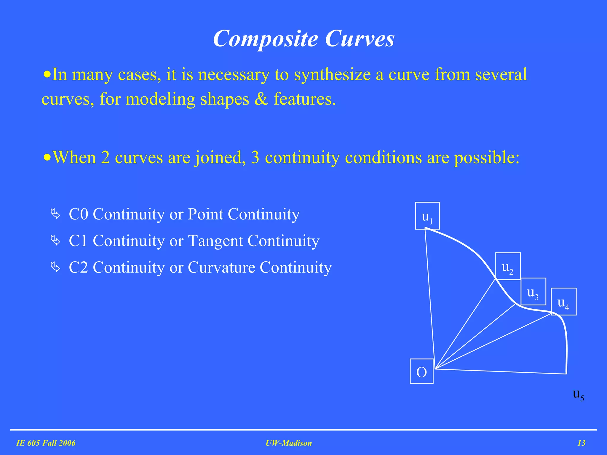 In many cases, it is necessary to synthesize a curve from several curves, for modeling shapes & features.  When 2 curves are joined, 3 continuity conditions are possible: C0 Continuity or Point Continuity C1 Continuity or Tangent Continuity C2 Continuity or Curvature Continuity Composite Curves IE 605 Fall 2006 UW-Madison u 5 u 1 O u 2 u 3 u 4 
