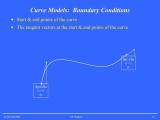 Curve Models:  Boundary Conditions Start & end points of the curve The tangent vectors at the start & end points of the curve IE 605 Fall 2006 UW-Madison  p(0)/  u u = 0 p 0  p(1)/  u u = 1 p 1 