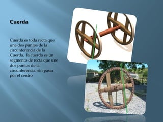 Cuerda es toda recta que
une dos puntos de la
circunferencia de la
Cuerda.  la cuerda es un
segmento de recta que une
dos puntos de la
circunferencia, sin pasar
por el centro
 