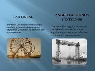 PAR LINEAL
ANGULO ALTERNOS
Y EXTERNOS
*Par lineal Dos ángulos forman un
par lineal si y solamente si son
ángulos adyacentes y sus lados no
comunes son rayas opuestas. 
*Par lineal Dos ángulos forman un par
lineal si y solamente si son ángulos
adyacentes y sus lados no comunes son
rayas opuestas.
 