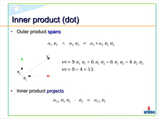 Inner product (dot)Inner product (dot)
• Outer productOuter product spansspans
• Inner productInner product projectsprojects
1 e1 ∧ 2 e2 = 1 ∗2 e1 e2
12 e1 e2 ⋅ e2 = 12 e1
vv = 9 4 = 13
vv = 9 e1 e1  6 e1 e2 − 6 e1 e2  4 e2 e2
e1
e2
v
 