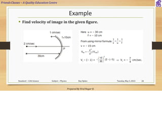 FriendsClasses – A Quality Education Centre
Prepared By Viral Nagar ©
Example
▪ Find velocity of image in the given figure.
Tuesday, May 3, 2022
Standard – 12th Science Subject – Physics Ray Optics 28
 