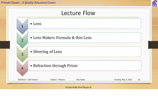 FriendsClasses – A Quality Education Centre
Prepared By Viral Nagar ©
Lecture Flow
1
• Lens
2
• Lens Makers Formula & thin Lens
3
• Silvering of Lens
4
• Refraction through Prism
Tuesday, May 3, 2022
Standard – 12th Science Subject – Physics Ray Optics 55
 