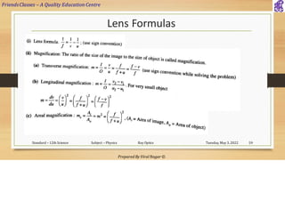 FriendsClasses – A Quality Education Centre
Prepared By Viral Nagar ©
Lens Formulas
Tuesday, May 3, 2022
Standard – 12th Science Subject – Physics Ray Optics 59
 