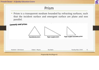 FriendsClasses – A Quality Education Centre
Prepared By Viral Nagar ©
Prism
• Prism is a transparent medium bounded by refracting surfaces, such
that the incident surface and emergent surface are plane and non
parallel.
Tuesday, May 3, 2022
Standard – 12th Science Subject – Physics Ray Optics 72
 