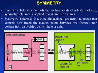 SYMMETRY
• Symmetry Tolerance controls the median points of a feature of size,
symmetry tolerance is applied to non circular features.
• Symmetry Tolerance is a three-dimensional geometric tolerance that
controls how much the median points between two features may
deviate from a specified center plane or axis.
10/24/2017 18
 