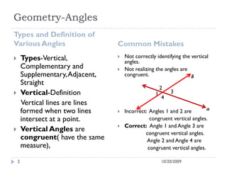  Not correctly identifying the vertical
angles.
 Not realizing the angles are
congruent.
 Incorrect: Angles 1 and 2 are
congruent vertical angles.
 Correct: Angle 1 and Angle 3 are
congruent vertical angles.
Angle 2 and Angle 4 are
congruent vertical angles.
Geometry-Angles
Types and Definition of
Various Angles Common Mistakes
10/20/20092
 Types-Vertical,
Complementary and
Supplementary,Adjacent,
Straight
 Vertical-Definition
Vertical lines are lines
formed when two lines
intersect at a point.
 Vertical Angles are
congruent( have the same
measure),
a
b
31
2
4
 