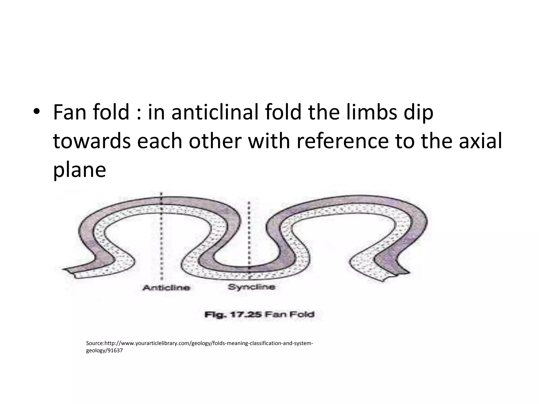 • Fan fold : in anticlinal fold the limbs dip
towards each other with reference to the axial
plane
Source:http://www.yourarticlelibrary.com/geology/folds-meaning-classification-and-system-
geology/91637
 