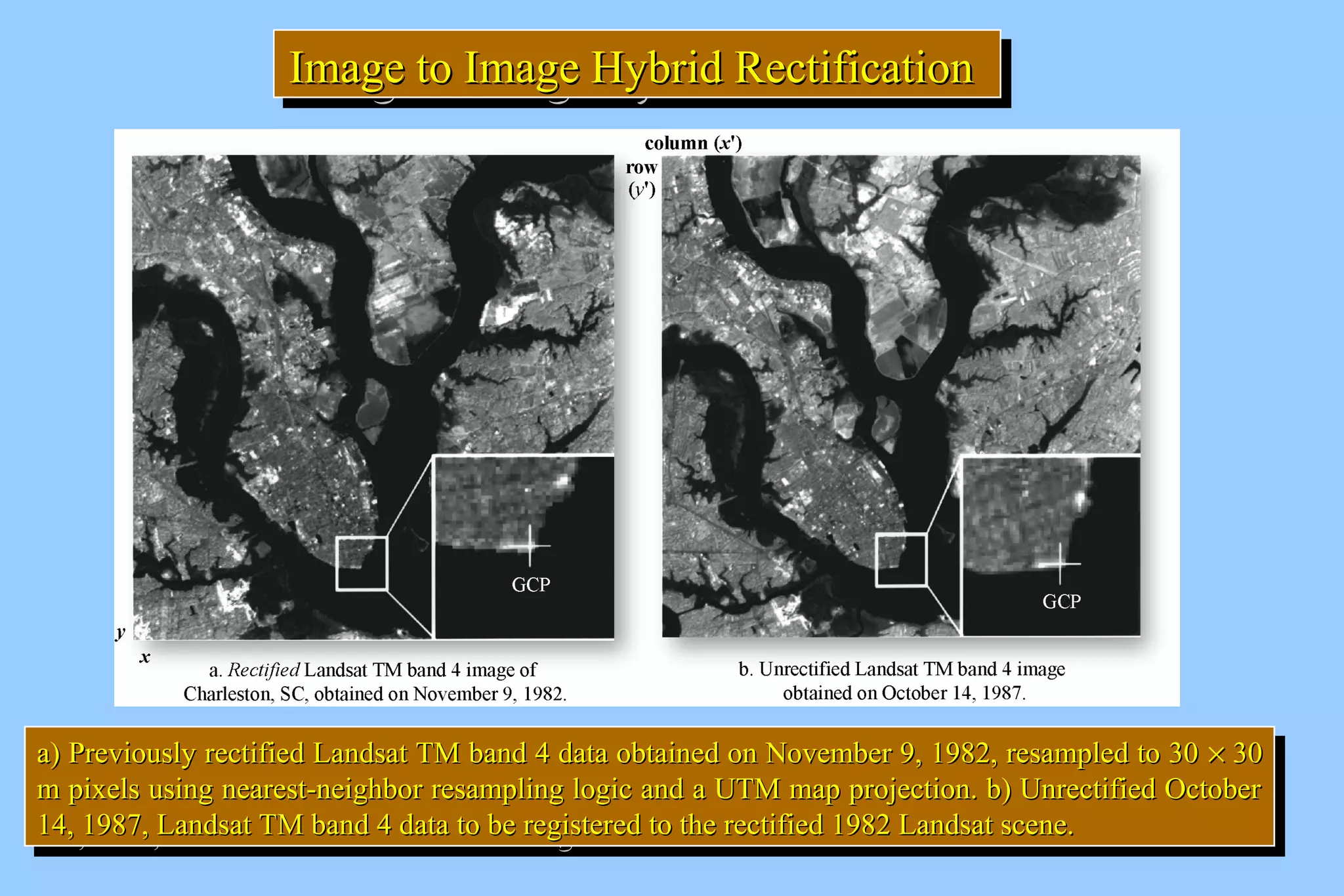 IIIImmmmaaaaggggeeee t tttoooo I IIImmmmaaaaggggeeee H HHHyyyybbbbrrrriiiidddd R RRReeeeccccttttiiiiffffiiiiccccaaaattttiiiioooonnnn 
aa)) PPrreevviioouussllyy rreeccttiiffiieedd LLaannddssaatt TTMM bbaanndd 44 ddaattaa oobbttaaiinneedd oonn NNoovveemmbbeerr 99,, 11998822,, rreessaammpplleedd ttoo 3300 ´ 3300 
mm ppiixxeellss uussiinngg nneeaarreesstt--nneeiigghhbboorr rreessaammpplliinngg llooggiicc aanndd aa UUTTMM mmaapp pprroojjeeccttiioonn.. bb)) UUnnrreeccttiiffiieedd OOccttoobbeerr 
1144,, 11998877,, LLaannddssaatt TTMM bbaanndd 44 ddaattaa ttoo bbee rreeggiisstteerreedd ttoo tthhee rreeccttiiffiieedd 11998822 LLaannddssaatt sscceennee.. 
a) Previously rectified Landsat TM band 4 ddaattaa oobbttaaiinneedd oonn NNoovveemmbbeerr 99,, 11998822,, rreessaammpplleedd ttoo 3300 ´ 3300 
mm ppiixxeellss uussiinngg nneeaarreesstt--nneeiigghhbboorr rreessaammpplliinngg llooggiicc aanndd aa UUTTMM mmaapp pprroojjeeccttiioonn.. bb)) UUnnrreeccttiiffiieedd OOccttoobbeerr 
1144,, 11998877,, LLaannddssaatt TTMM bbaanndd 44 ddaattaa ttoo bbee rreeggiisstteerreedd ttoo tthhee rreeccttiiffiieedd 11998822 LLaannddssaatt sscceennee.. 
 