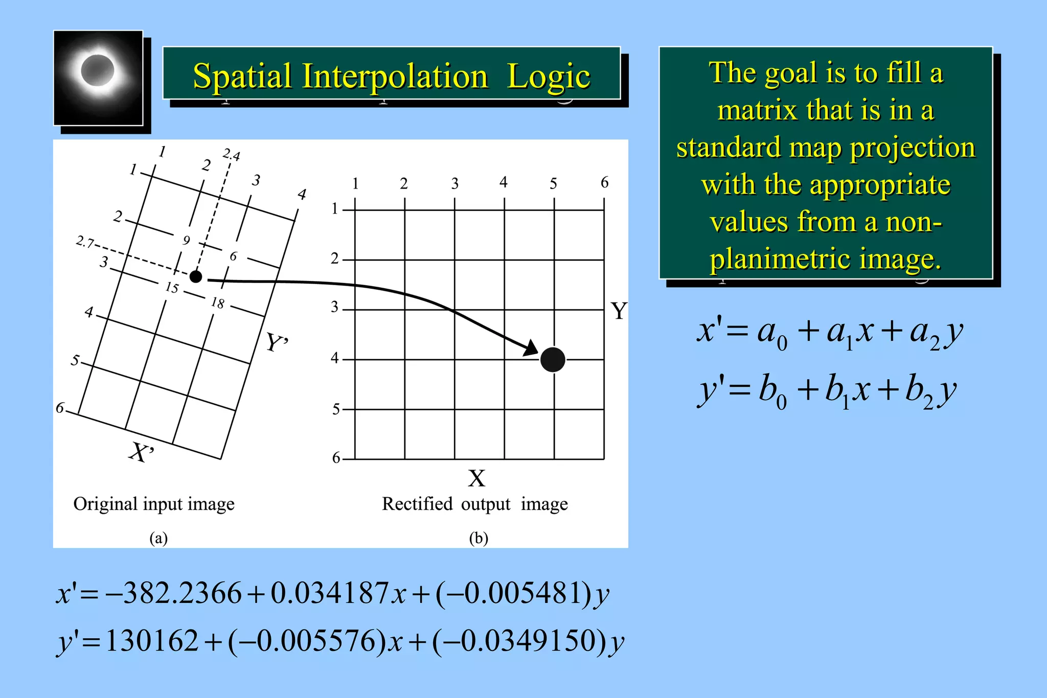SSSSppppaaaattttiiiiaaaallll I IIInnnntttteeeerrrrppppoooollllaaaattttiiiioooonnnn L LLLooooggggiiiicccc 
x ' = - 382.2366 + 0.034187 x + ( - 
0.005481) 
y 
' = 130162 + ( - 0.005576) + ( - 
0.0349150) 
y x y 
TThhee ggooaall iiss ttoo ffiillll aa 
mmaattrriixx tthhaatt iiss iinn aa 
ssttaannddaarrdd mmaapp pprroojjeeccttiioonn 
wwiitthh tthhee aapppprroopprriiaattee 
vvaalluueess ffrroomm aa nnoonn-- 
ppllaanniimmeettrriicc iimmaaggee.. 
TThhee ggooaall iiss ttoo ffiillll aa 
mmaattrriixx tthhaatt iiss iinn aa 
ssttaannddaarrdd mmaapp pprroojjeeccttiioonn 
wwiitthh tthhee aapppprroopprriiaattee 
vvaalluueess ffrroomm aa nnoonn-- 
ppllaanniimmeettrriicc iimmaaggee.. 
x a a x a y 
' 
= + + 
0 1 2 
y b b x b y 
0 1 2 
' 
= + + 
 