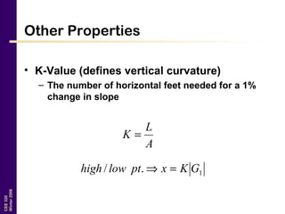 CEE320
Winter2006
Other Properties
• K-Value (defines vertical curvature)
– The number of horizontal feet needed for a 1%
change in slope
A
L
K =
1./ GKxptlowhigh =⇒
 