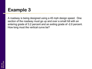 CEE320
Winter2006
Example 3
A roadway is being designed using a 45 mph design speed. One
section of the roadway must go up and over a small hill with an
entering grade of 3.2 percent and an exiting grade of -2.0 percent.
How long must the vertical curve be?
 