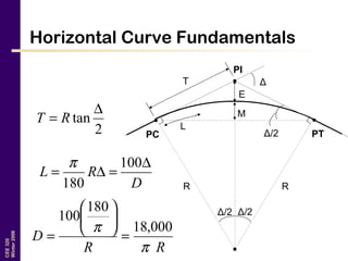 CEE320
Winter2006
Horizontal Curve Fundamentals
R
T
PC PT
PI
M
E
R
Δ
Δ/2Δ/2
Δ/2
RR
D
π
π 000,18
180
100
=






=
2
tan
∆
= RT
D
RL
∆
=∆=
100
180
π
L
 