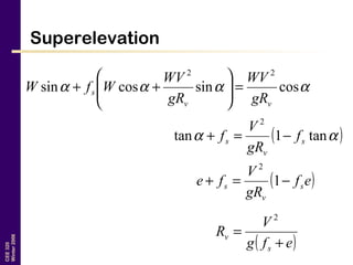 CEE320
Winter2006
Superelevation
αααα cossincossin
22
vv
s
gR
WV
gR
WV
WfW =





++
( )αα tan1tan
2
s
v
s f
gR
V
f −=+
( )ef
gR
V
fe s
v
s −=+ 1
2
( )efg
V
R
s
v
+
=
2
 