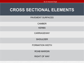. CROSS SECTIONAL ELEMENTS
PAVEMENT SURFACES
CAMBER
KERBS
CARRIAGEWAY
SHOULDER
FORMATION WIDTH
ROAB MARGIN
RIGHT OF WAY
By Er.Harpreet Singh
 