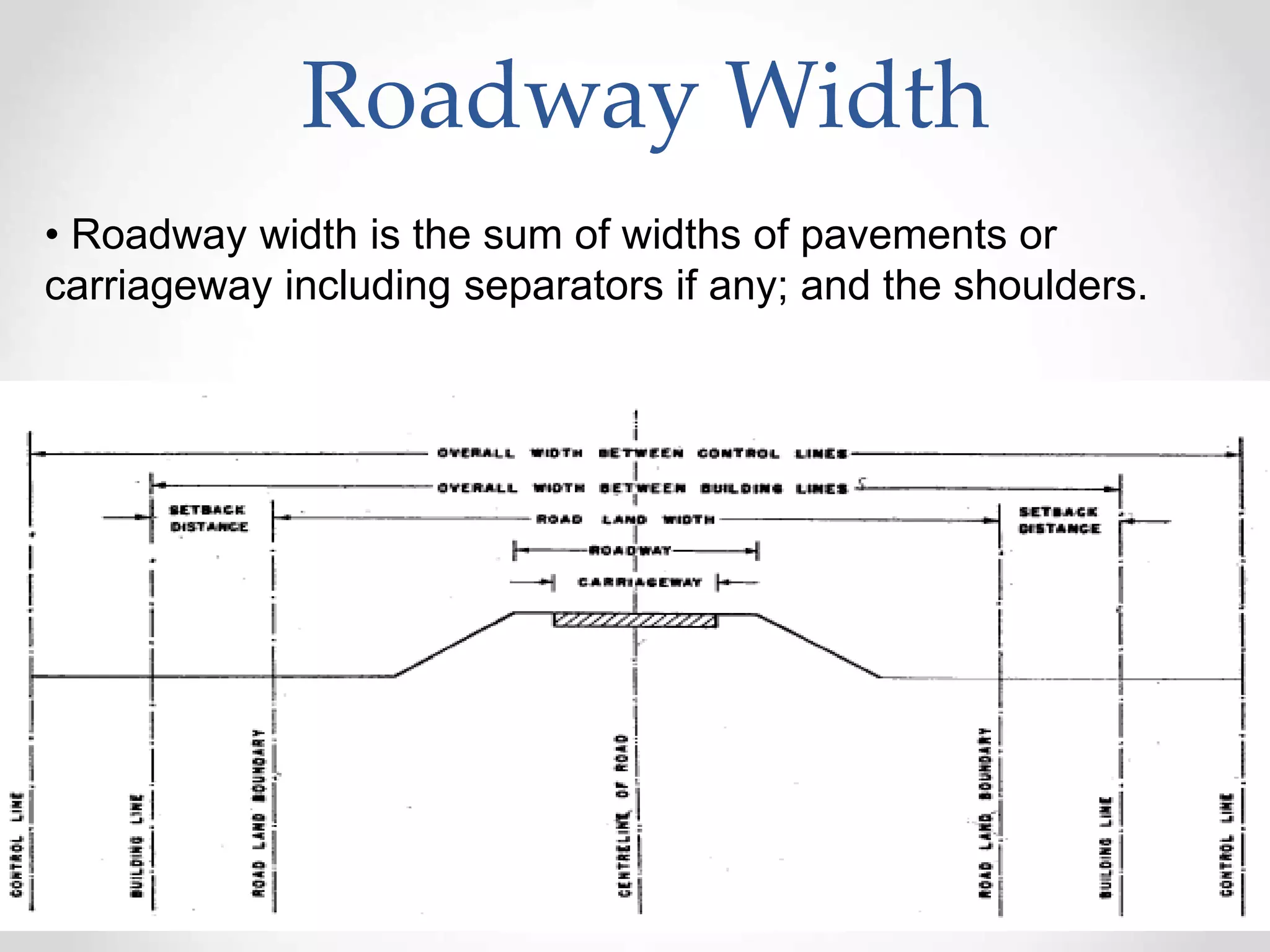 Roadway Width
• Roadway width is the sum of widths of pavements or
carriageway including separators if any; and the shoulders.
 