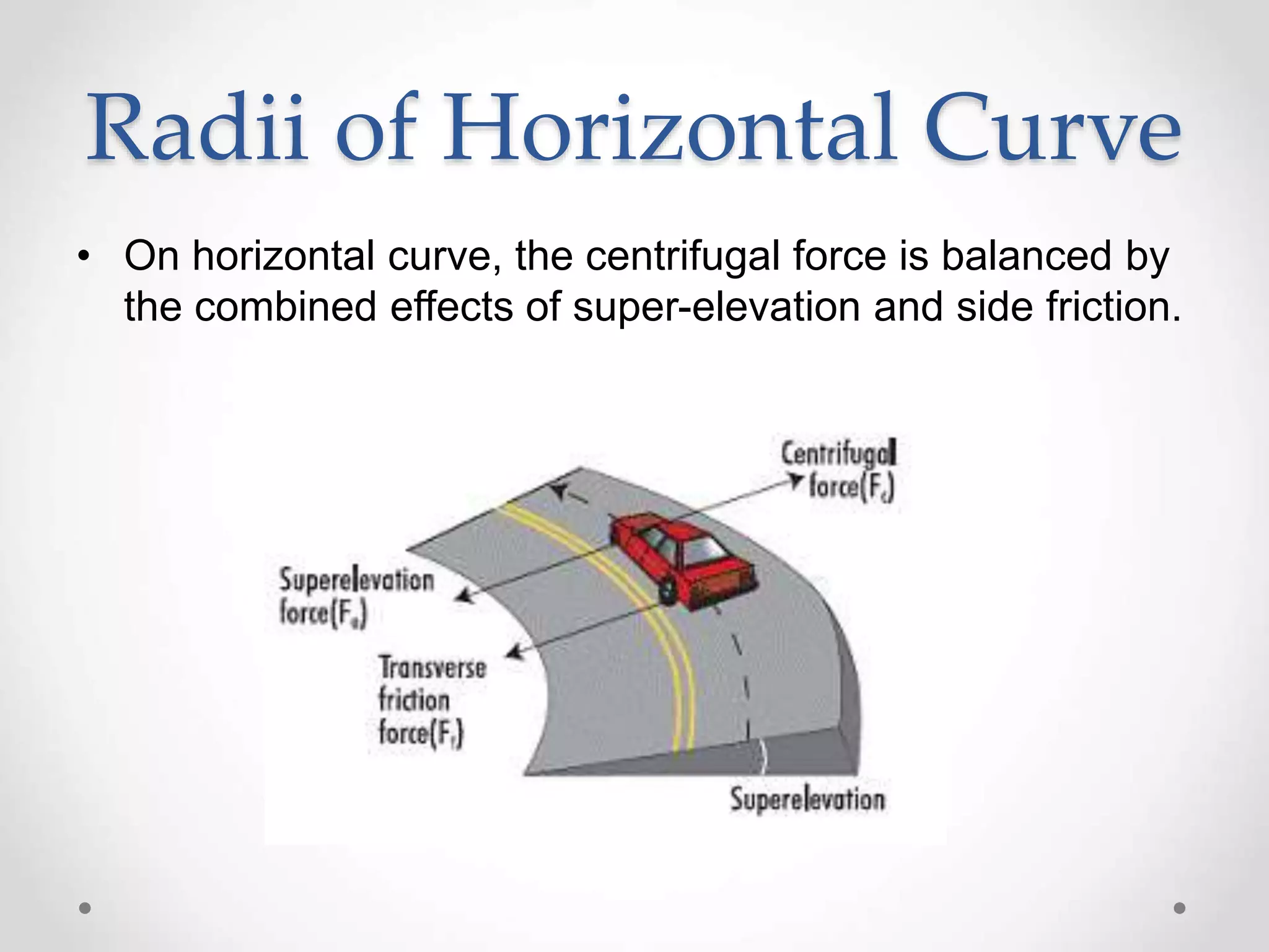 Radii of Horizontal Curve
• On horizontal curve, the centrifugal force is balanced by
the combined effects of super-elevation and side friction.
 