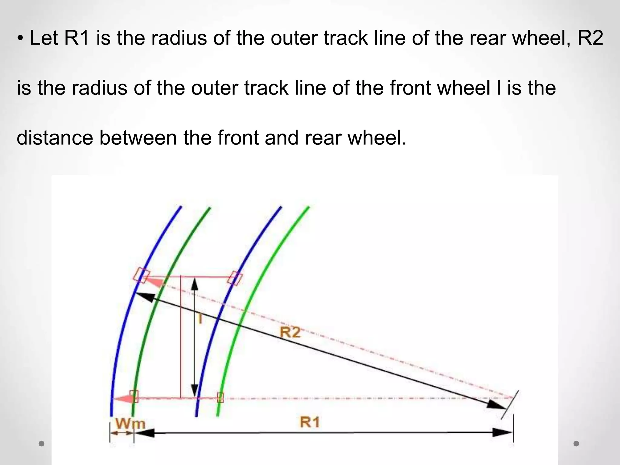 • Let R1 is the radius of the outer track line of the rear wheel, R2
is the radius of the outer track line of the front wheel l is the
distance between the front and rear wheel.
 