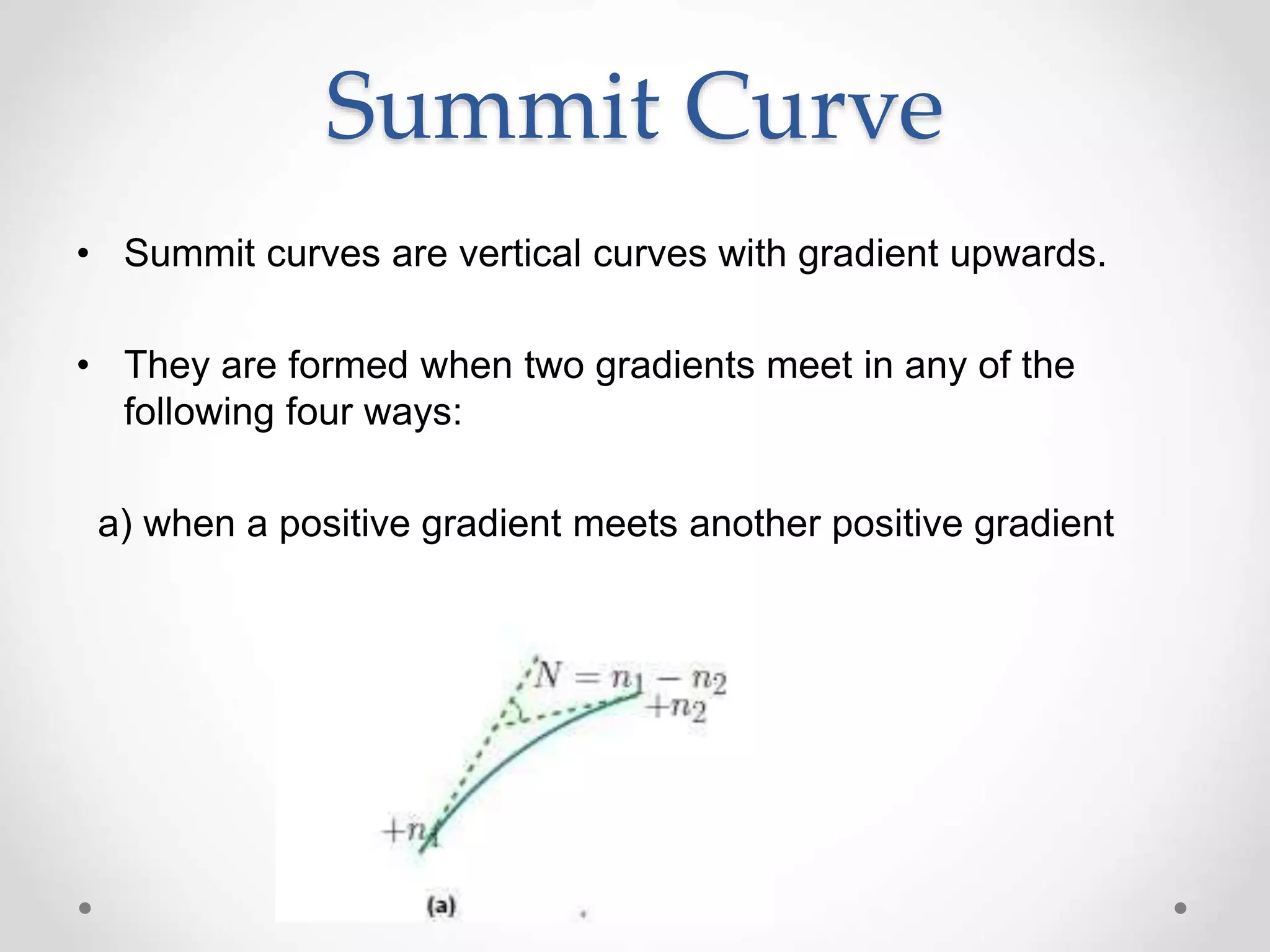 Summit Curve
• Summit curves are vertical curves with gradient upwards.
• They are formed when two gradients meet in any of the
following four ways:
a) when a positive gradient meets another positive gradient
 