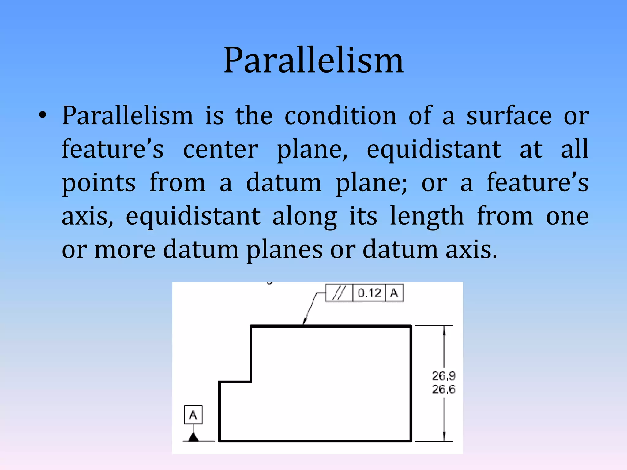 Parallelism
• Parallelism is the condition of a surface or
feature’s center plane, equidistant at all
points from a datum plane; or a feature’s
axis, equidistant along its length from one
or more datum planes or datum axis.
 