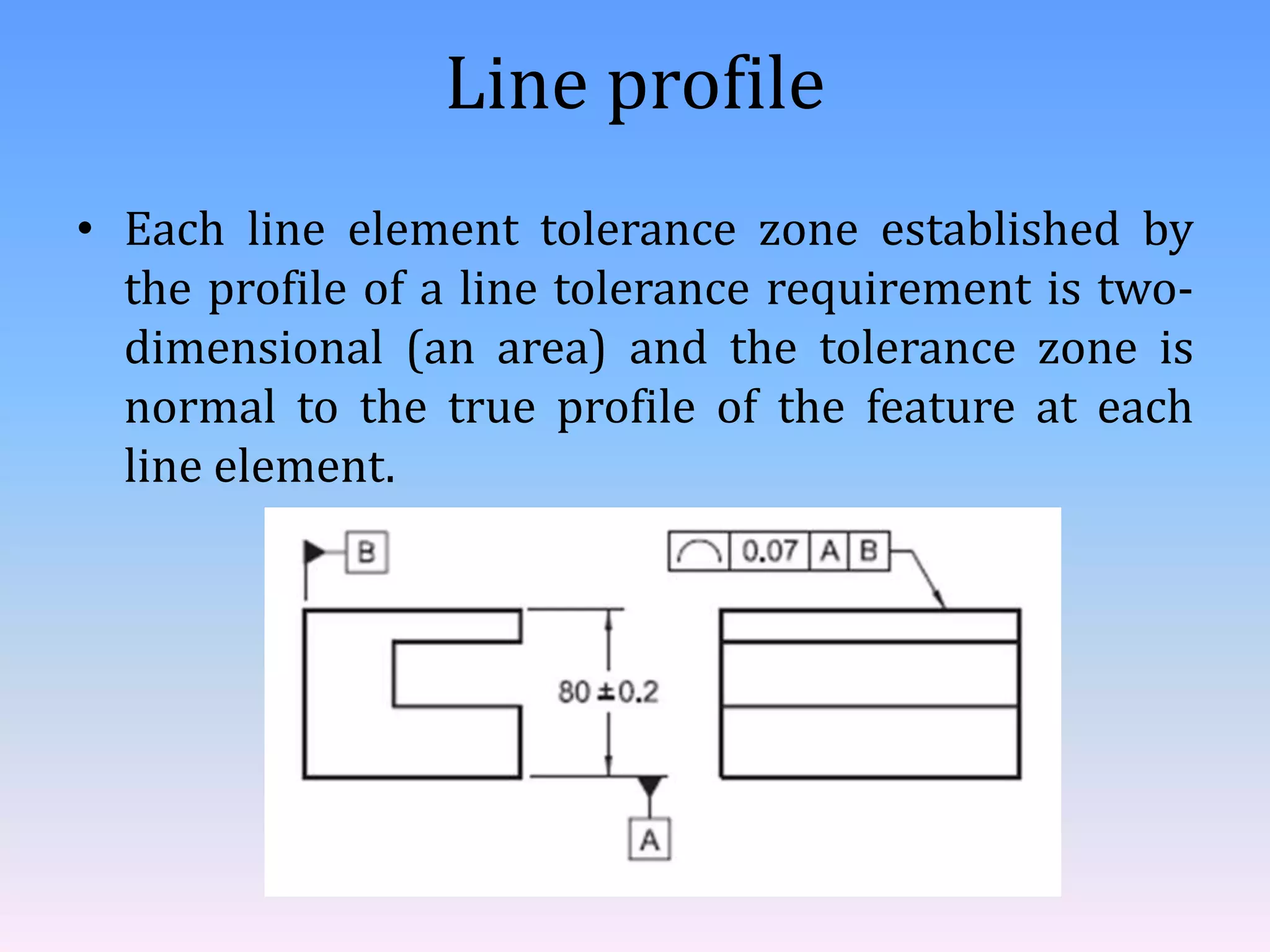 Line profile
• Each line element tolerance zone established by
the profile of a line tolerance requirement is two-
dimensional (an area) and the tolerance zone is
normal to the true profile of the feature at each
line element.
 