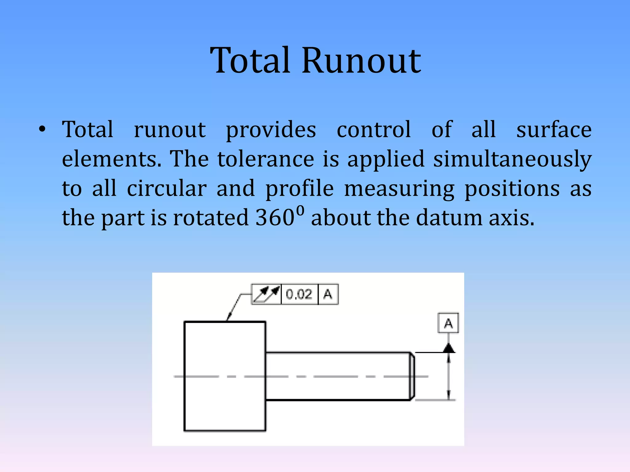 Total Runout
• Total runout provides control of all surface
elements. The tolerance is applied simultaneously
to all circular and profile measuring positions as
the part is rotated 360⁰ about the datum axis.
 