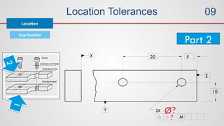 Location Tolerances
True Position
Location
5
10
2X
20
? M
Ø?
X
Y
Z
Part 2
1
2
09
 