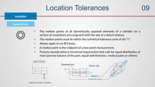 Location Tolerances
Concentricity
Location
09
o The median points of all diametrically opposed elements of a cylinder (or a
surface of revolution) are congruent with the axis of a datum feature.
o The median points must lie within the cylindrical tolerance zone of dia “t”.
o Always apply on an RFS basis.
o A median point is the midpoint of a two-point measurement.
o Primary consideration is functional requirement that calls for equal distribution of
mass (precise balance of the part, equal wall thickness, medical parts or others)
 