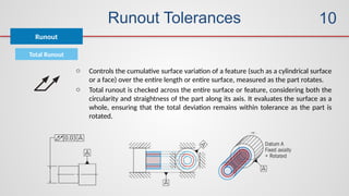 Runout Tolerances
Total Runout
Runout
10
o Controls the cumulative surface variation of a feature (such as a cylindrical surface
or a face) over the entire length or entire surface, measured as the part rotates.
o Total runout is checked across the entire surface or feature, considering both the
circularity and straightness of the part along its axis. It evaluates the surface as a
whole, ensuring that the total deviation remains within tolerance as the part is
rotated.
 