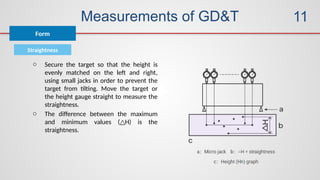 Measurements of GD&T
Straightness
Form
11
o Secure the target so that the height is
evenly matched on the left and right,
using small jacks in order to prevent the
target from tilting. Move the target or
the height gauge straight to measure the
straightness.
o The difference between the maximum
and minimum values ( H) is the
△
straightness.
 