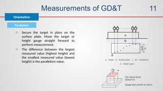 Measurements of GD&T
Parallelism
Orientation
11
o Secure the target in place on the
surface plate. Move the target or
height gauge straight forward to
perform measurement.
o The difference between the largest
measured value (highest height) and
the smallest measured value (lowest
height) is the parallelism value.
 