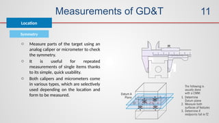 Measurements of GD&T
Symmetry
Location
11
o Measure parts of the target using an
analog caliper or micrometer to check
the symmetry.
o It is useful for repeated
measurements of single items thanks
to its simple, quick usability.
o Both calipers and micrometers come
in various types, which are selectively
used depending on the location and
form to be measured.
 