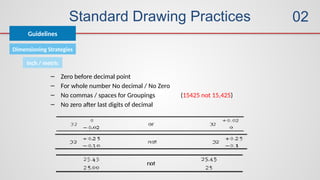 Standard Drawing Practices
Guidelines
02
Dimensioning Strategies
Inch / metric
– Zero before decimal point
– For whole number No decimal / No Zero
– No commas / spaces for Groupings (15425 not 15,425)
– No zero after last digits of decimal
 