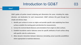 Introduction to GD&T
How?
03
GD&T guides all parties toward reckoning part dimensions the same, including the origin,
direction, and destination for each measurement. GD&T achieves this goal through four
simple and obvious steps.
1. Identify part surfaces to serve as origins and provide specific rules explaining how these
surfaces establish the starting point and direction for measurements.
2. Convey the nominal (ideal) distances and orientations from origins to other surfaces.
3. Establish boundaries and/or tolerance zones for specific attributes of each surface along
with specific rules for conformance.
4. Allow dynamic interaction between tolerances (simulating actual assembly possibilities)
where appropriate to maximize tolerances.
 