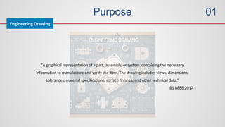 Purpose
“A graphical representation of a part, assembly, or system, containing the necessary
information to manufacture and verify the item. The drawing includes views, dimensions,
tolerances, material specifications, surface finishes, and other technical data.”
BS 8888:2017
Engineering Drawing
01
 