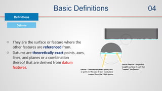 Basic Definitions
Definitions
04
Datums
o They are the surface or feature where the
other features are referenced from.
o Datums are theoretically exact points, axes,
lines, and planes or a combination
thereof that are derived from datum
features.
 