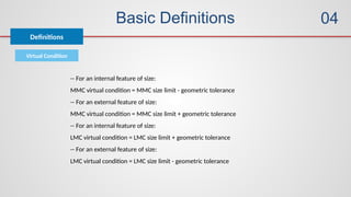 Basic Definitions
Definitions
04
Virtual Condition
-- For an internal feature of size:
MMC virtual condition = MMC size limit - geometric tolerance
-- For an external feature of size:
MMC virtual condition = MMC size limit + geometric tolerance
-- For an internal feature of size:
LMC virtual condition = LMC size limit + geometric tolerance
-- For an external feature of size:
LMC virtual condition = LMC size limit - geometric tolerance
 
