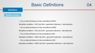 Basic Definitions
Definitions
04
Resultant Condition
-- For an internal feature of size controlled at MMC:
Resultant condition = LMC size limit + geometric tolerance + size tolerance
-- For an external feature of size controlled at MMC:
Resultant condition = LMC size limit - geometric tolerance - size tolerance
-- For an internal feature of size controlled at LMC:
Resultant condition = MMC size limit - geometric tolerance - size tolerance
-- For an external feature of size controlled at LMC:
Resultant condition = MMC size limit + geometric tolerance + size tolerance
 