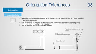 Orientation Tolerances
Orientation
08
Perpendicularity
o Perpendicularity is the condition of an entire surface, plane, or axis at a right angle to
a datum plane or axis.
o Can be applied to Integral (surfaces) as well as Derived (centerline/center plane)
o Can be applied on MMC, LMC & RFS Basis
 
