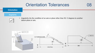 Orientation Tolerances
Orientation
08
Angularity
o Angularity Ais the condition of an axis or plane other than 90 / 0 degrees to another
datum plane or axis.
 
