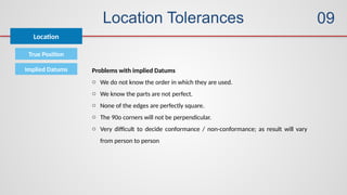 Location Tolerances
True Position
Location
Implied Datums Problems with implied Datums
o We do not know the order in which they are used.
o We know the parts are not perfect.
o None of the edges are perfectly square.
o The 90o corners will not be perpendicular.
o Very difficult to decide conformance / non-conformance; as result will vary
from person to person
09
 
